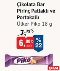ÜLKER PİKO ÇİKOLATA BAR PİRİNÇ PATLAKLI VE PORTAKALLI
